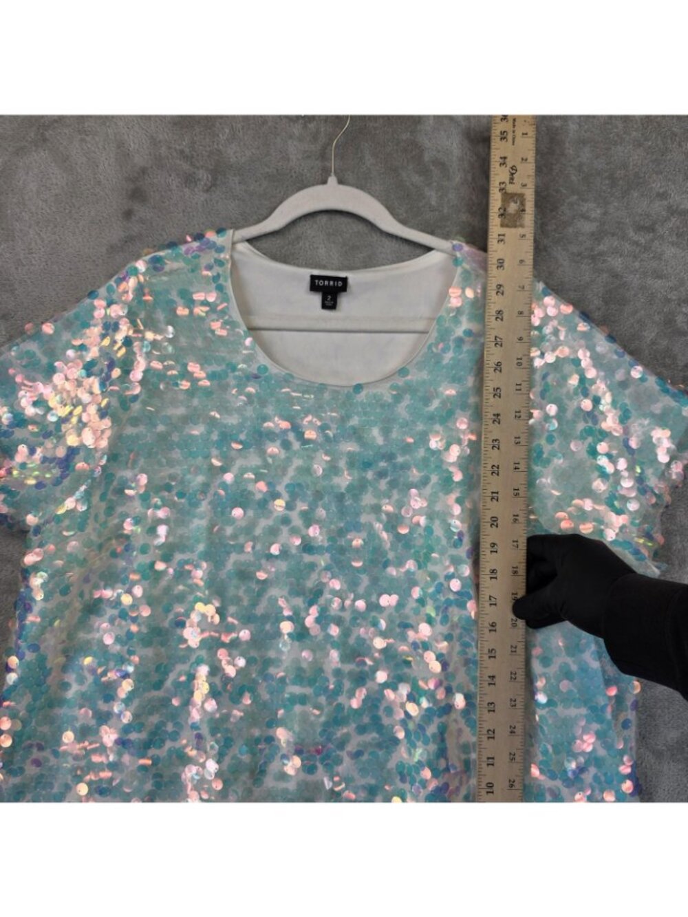 Torrid Shirt Womens 2X Plus Blue Scoop Neck Short Sleeve Sequin Mesh Lined Party - Picture 6 of 10